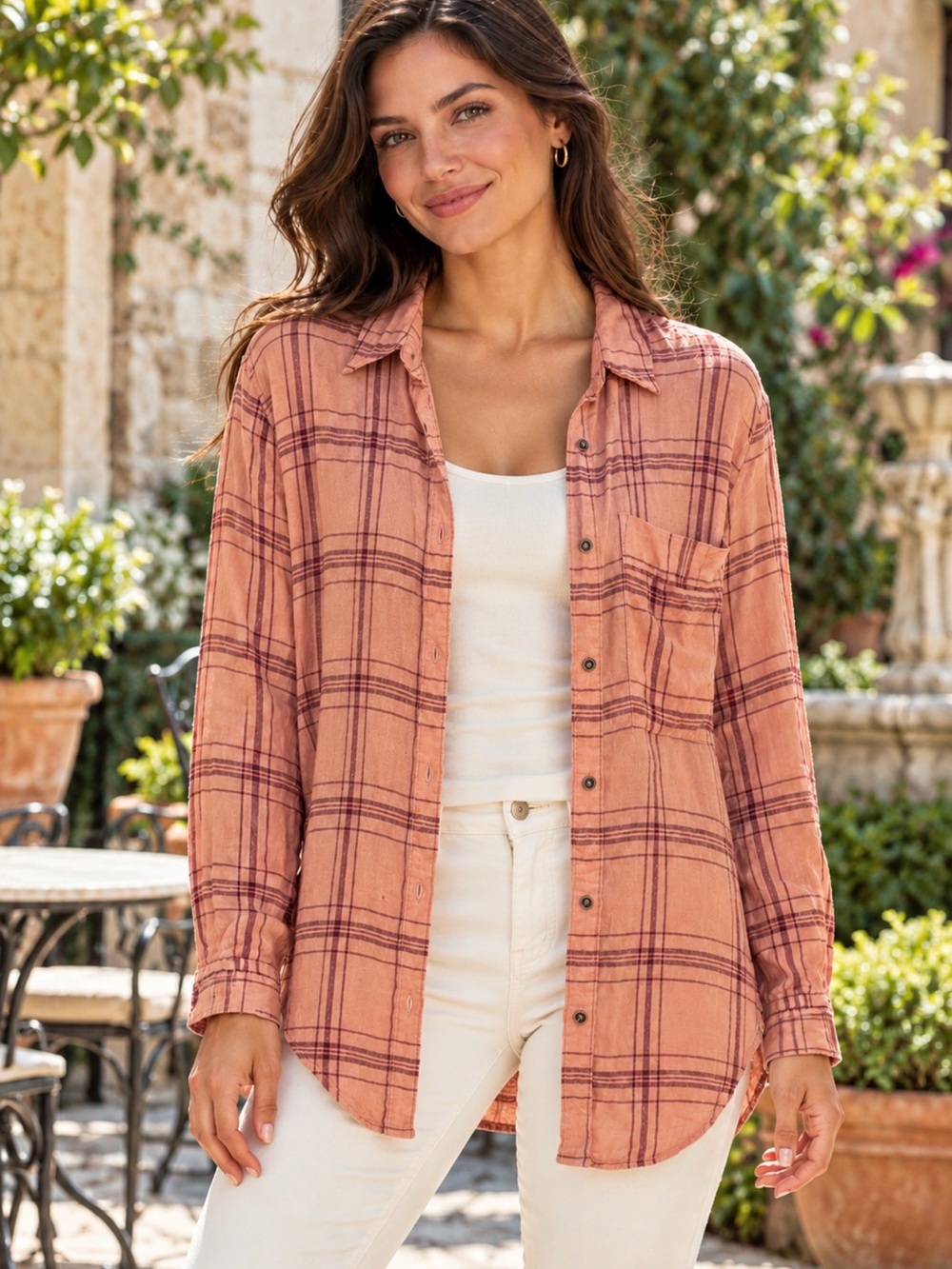 Free People 100% Linen Peach Burgundy Plaid Button Down Shirt Oversized XS